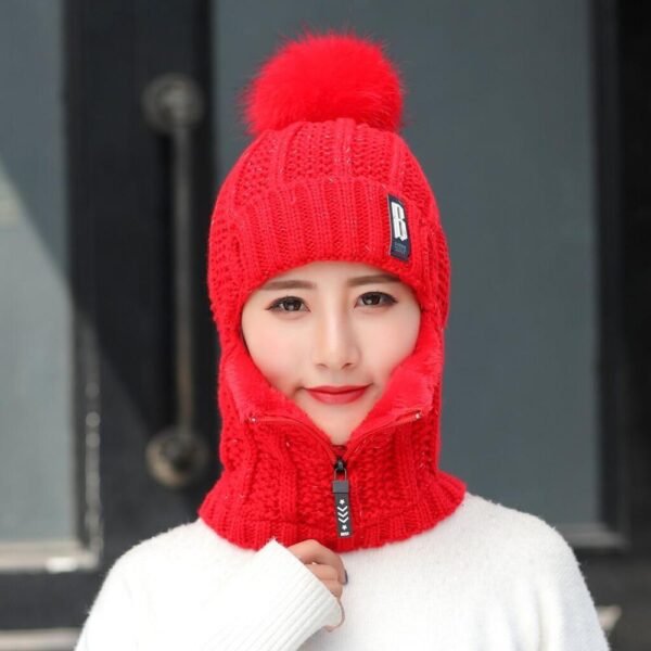 Women Wool Knitted Hat Ski Hat Sets For Female Windproof Winter Outdoor Knit Warm Thick Siamese 3