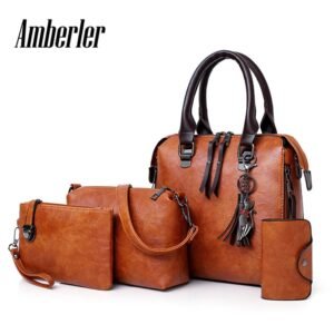 Amberler Women Handbags PU Leather Shoulder Bags Female Large Capacity Casual 4 Pieces Set Tote Bag