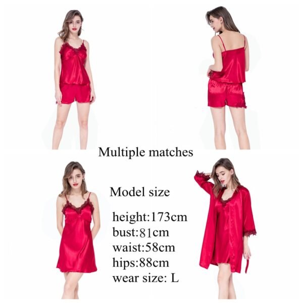 JULY S SONG 5 Piece Pajamas Set Sexy Lace Stain Women Pajamas Faux Silk Dressing Gown 3