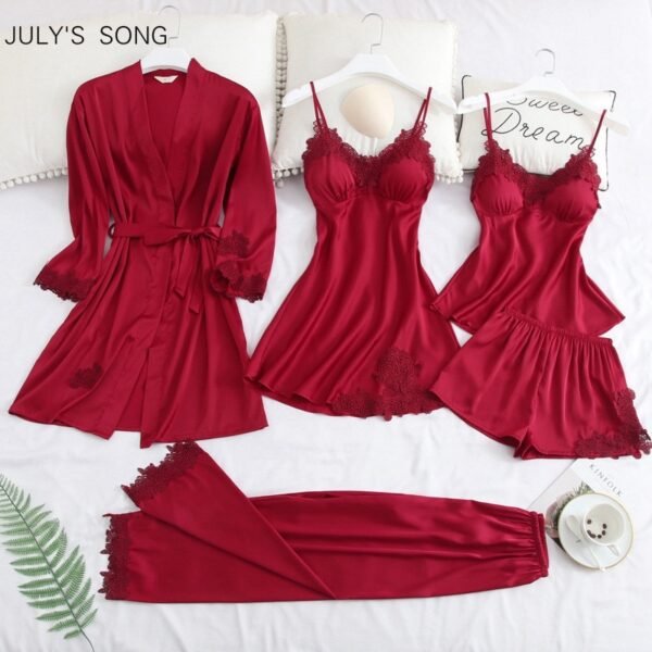JULY S SONG 5 Piece Pajamas Set Sexy Lace Stain Women Pajamas Faux Silk Dressing Gown