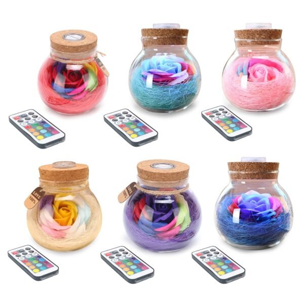 Rose Soap Flower Colorful Wishing Bottle with Remote Control Adjustable LED Lights in Preserved Glass Cover 4