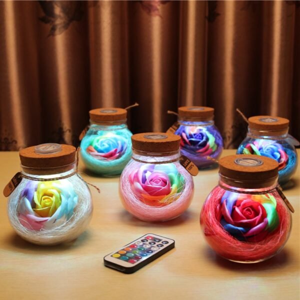 Rose Soap Flower Colorful Wishing Bottle with Remote Control Adjustable LED Lights in Preserved Glass Cover