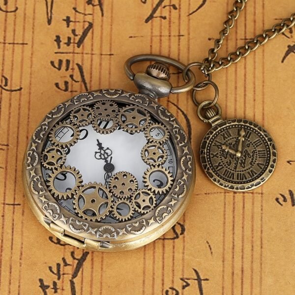 Vintage Antique Copper Steampunk Bronze Hollow Gear Quartz Pocket Watch Necklace Pendant Clock Chain Men Women 5