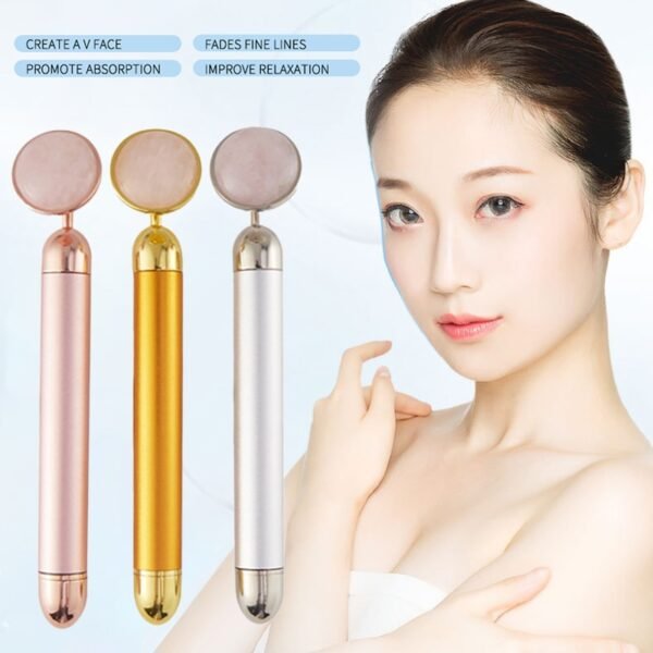 Beauty Bar Vibration Facial Roller Electric Massager With Jade Head Anti wrinkle Rose Quartz Face Gold 2
