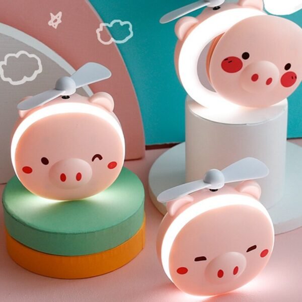Portable 3 in 1 Cute Piggy Cosmetic Mirror with Fan and LED Night Light Mini Handheld 3