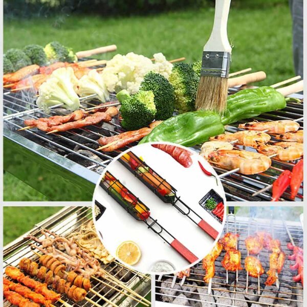 JUSHFO Barbecue Basket Bar Shape Iron And Wood Skewer Basket Outdoor barbecue utensils Portable BBQ Grilling 4
