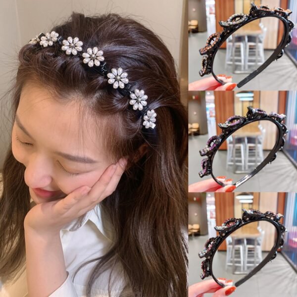 Ruoshui Woman Crystal Double Band Hairband with Clips Hairstyle Headband Women Pearl Hair Accessorires Bezel Ladies