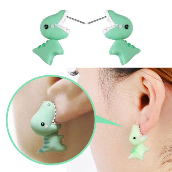 1 Pair Fashion Stud Earrings Soft Pottery Dinosaur Earrings Green Fine Jewelry For Women Child Girls 3