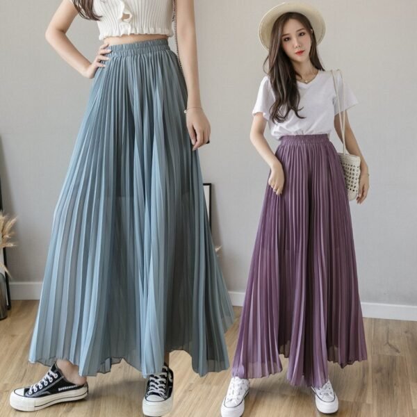 2021 Women Spring Autumn Pleated Loose Pants Fashion Female Chiffon Elastic Waist Skirt Pants Black Blue 4