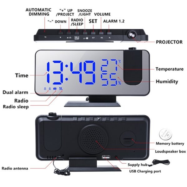 LED Digital Projection Alarm Clock Table Electronic Alarm Clock with Projection FM Radio Time Projector Bedroom 3