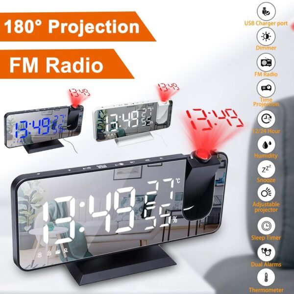 LED Digital Projection Alarm Clock Table Electronic Alarm Clock with Projection FM Radio Time Projector Bedroom