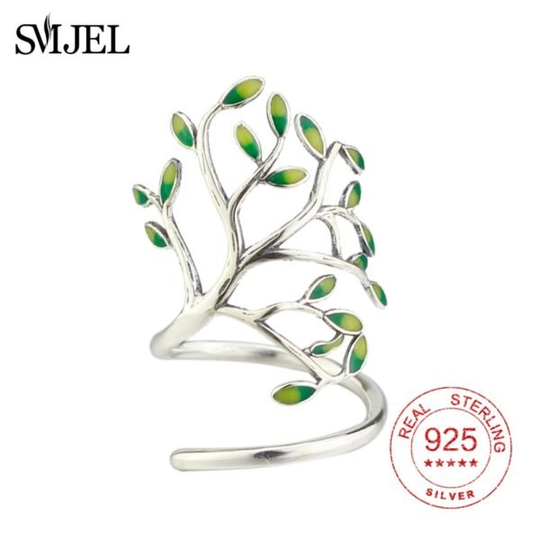 SMJEL 100 925 Sterling Silver Leaf Ring for Women Adjustable Wedding Finger Rings Party Gift Nature