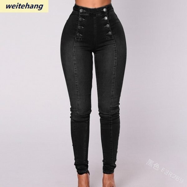 Vintage Skinny double breasted High Waist Pencil Jeans Women Slim Fit Stretch Denim Pants Full Length 1