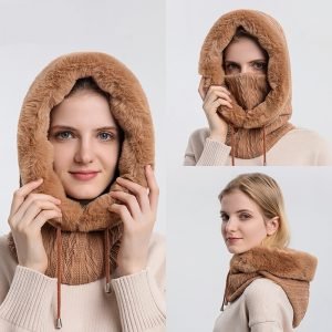 Women Warm Knitted Cap With Mask Set Hooded for Cashmere Winter Outdoor Windproof Hat Thick Plush