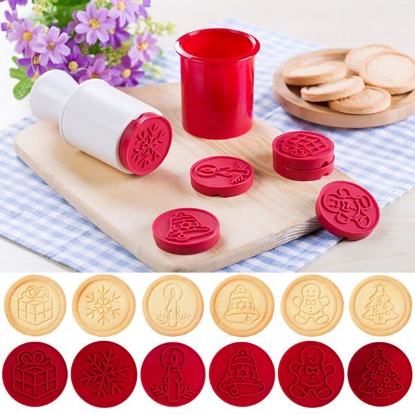 Christmas Silicone Cookie Stamp Set Round Cookie Embossing Mold with Handle Homemade Cookie Cutter Mold For 5