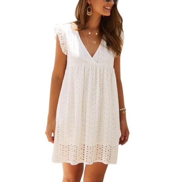 Hollow Out Mini Dress Sexy V Neck Lace Short Ruffle Sleeve A Line Sundress Casual Loose 2