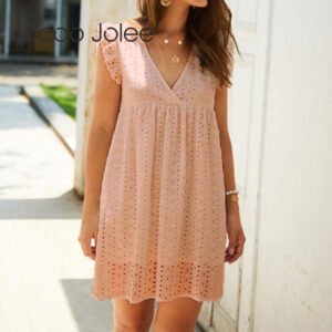 Hollow Out Mini Dress Sexy V Neck Lace Short Ruffle Sleeve A Line Sundress Casual Loose