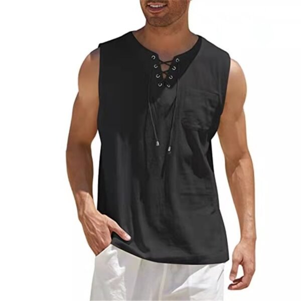 Fashion New Mens Summe Tank Tops Cotton Linen Casual Sleeveless Tops Loose Lace Up V Neck 1