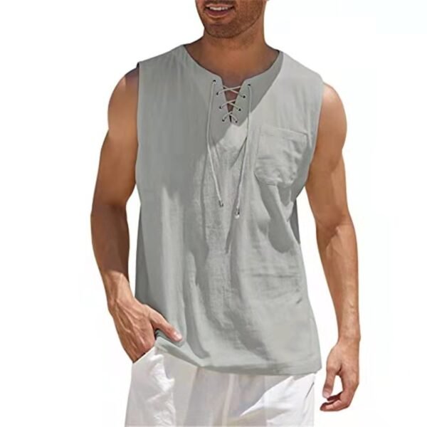 Fashion New Mens Summe Tank Tops Cotton Linen Casual Sleeveless Tops Loose Lace Up V Neck 2