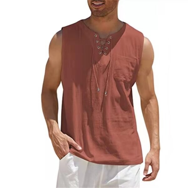 Fashion New Mens Summe Tank Tops Cotton Linen Casual Sleeveless Tops Loose Lace Up V Neck 3