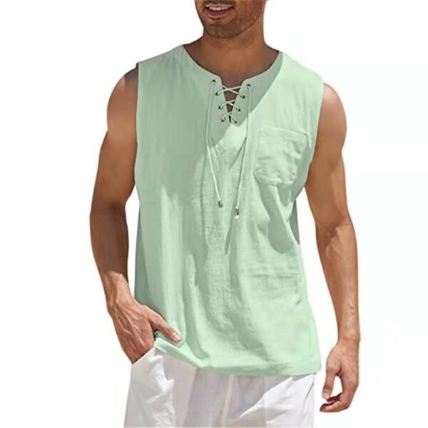 Fashion New Mens Summe Tank Tops Cotton Linen Casual Sleeveless Tops Loose Lace Up V Neck 4
