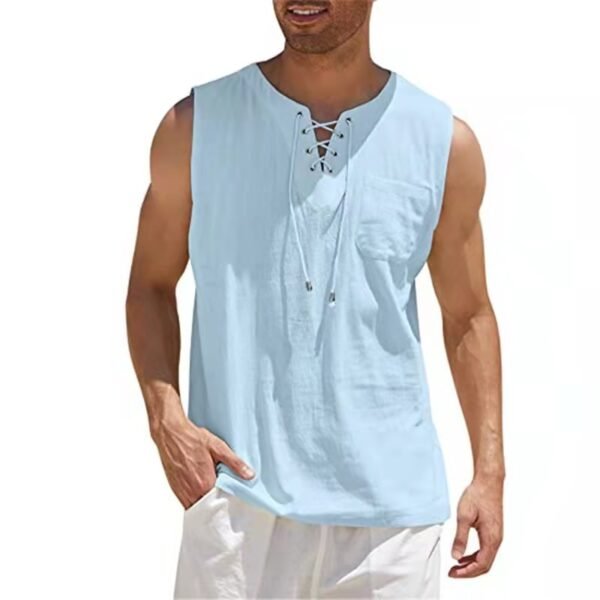 Fashion New Mens Summe Tank Tops Cotton Linen Casual Sleeveless Tops Loose Lace Up V Neck 5