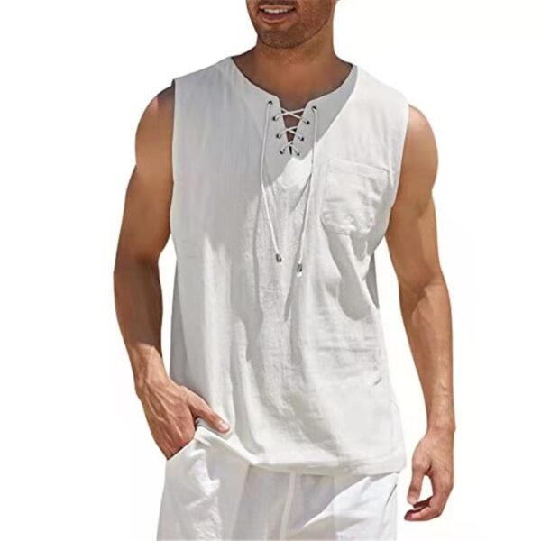Fashion New Mens Summe Tank Tops Cotton Linen Casual Sleeveless Tops Loose Lace Up V Neck